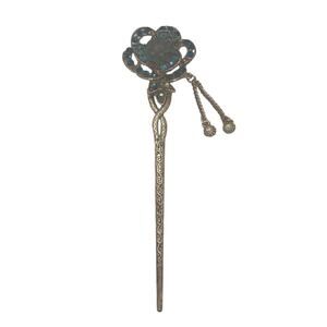 FASHION GOLD METAL HAIR PIN - Green Floral Design with Blue Rhinestones China
